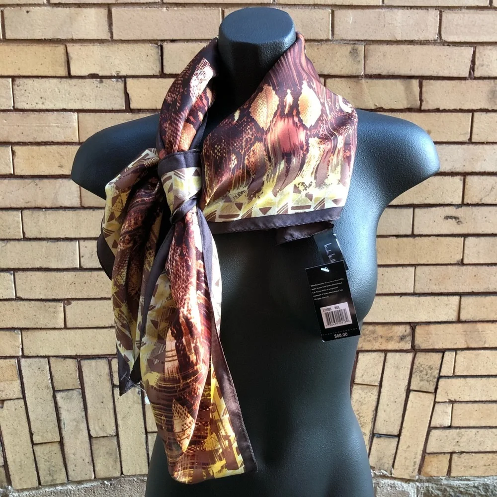 NWT Nicole Miller Oversized Brown Red Golden Yellow 100% Silk Scarf
